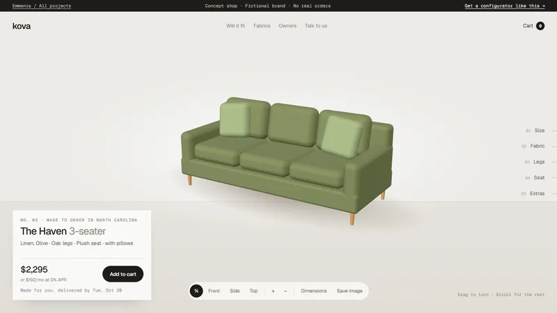 Kova sofa configurator website